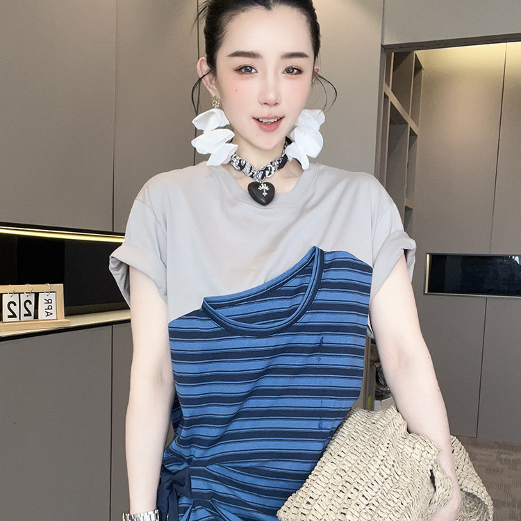 短袖连衣裙女2026夏季新款欧洲站撞色拼接条纹网纱下摆圆领裙子