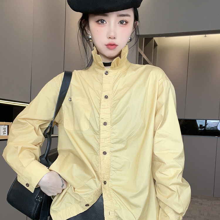 长袖衬衫女2025秋季新款欧洲站纯色褶皱木耳边立领衬衣单排扣上衣