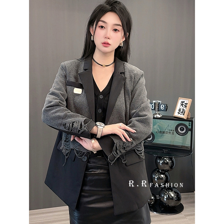 外套女2025秋季新款欧洲站宽松百搭破洞针织拼接西装翻领西服长袖