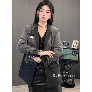 现货外套女2025秋季新款宽松百搭破洞针织拼接西装翻领西服长袖