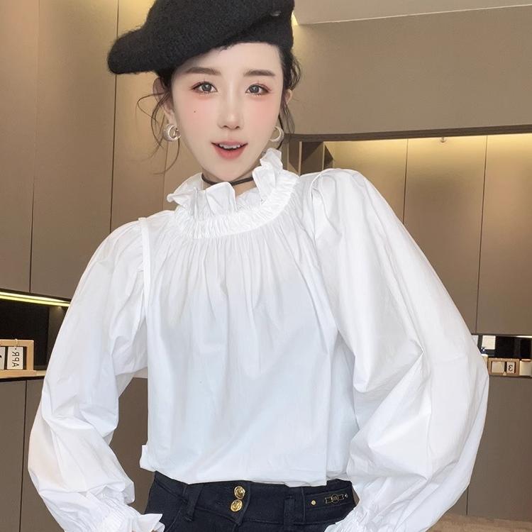 长袖衬衫女2024冬季新款欧洲站法式纯色木耳边抽褶立领泡泡袖上衣