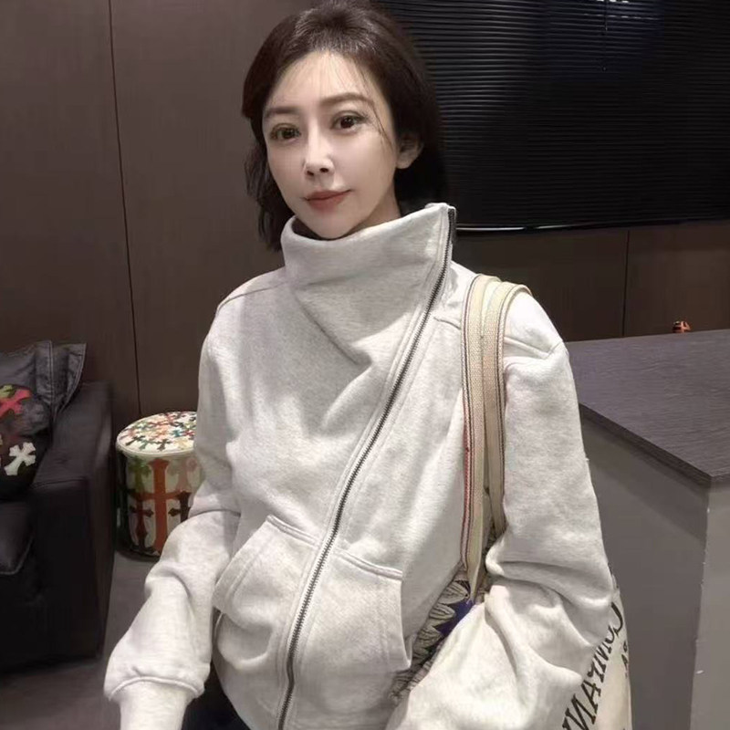 外套女2025秋季新款欧洲站欧货设计师款纯色斜拉链大口袋立领长袖