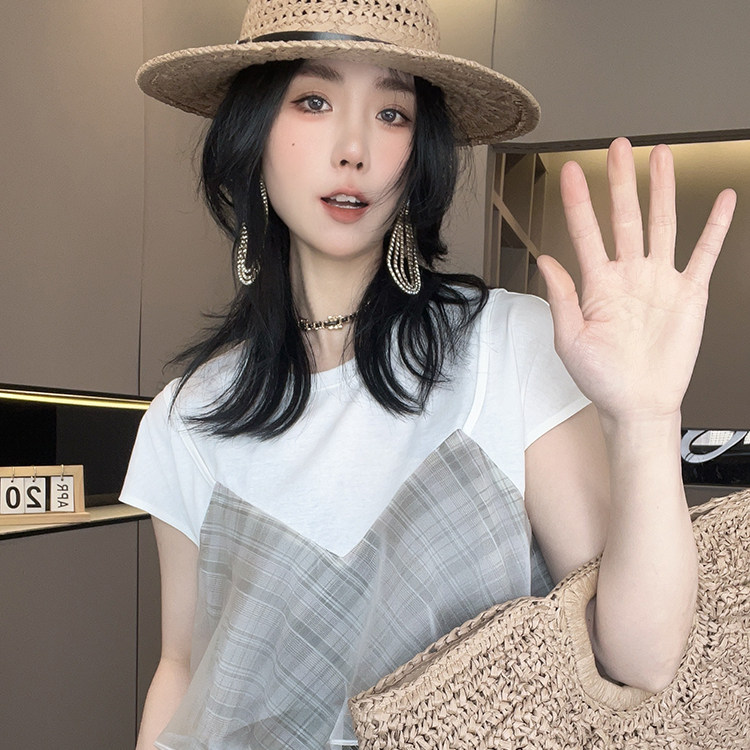 短袖T恤女2026春季新款设计感网纱格子拼接假两件半袖圆领上衣