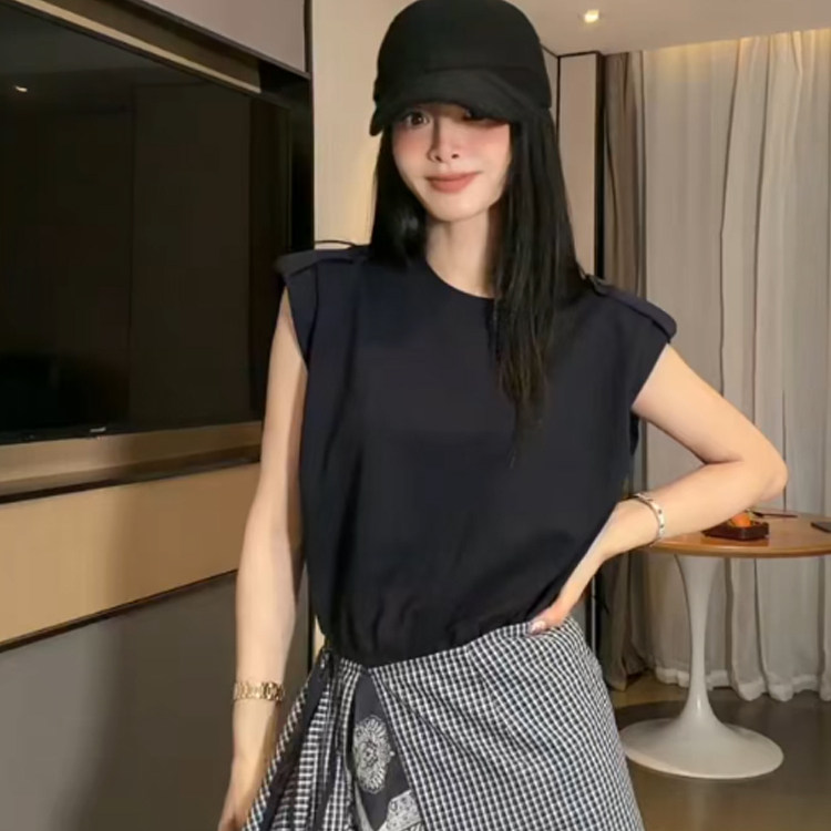 格子屁帘连衣裙女2026夏季新款欧洲站设计感无袖T恤裙圆领裙子