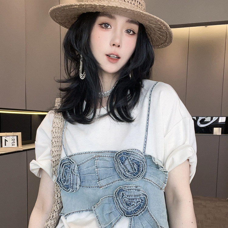 短袖T恤女2026夏季新款欧洲站时尚花朵牛仔拼接圆领套头半袖上衣