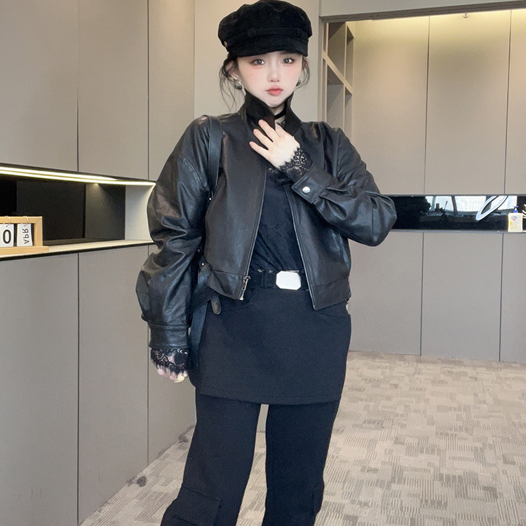 皮衣女2025秋季新款时尚纯色绵羊皮翻领拉链短款真皮外套长袖上衣