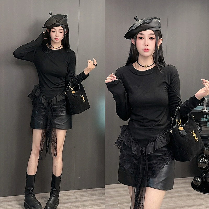 长袖T恤女2026春季新款纯色木耳边拼接蕾丝下摆打底衫圆领上衣