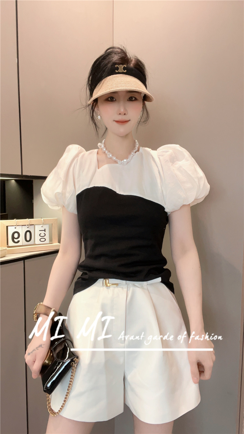 不规则垫肩泡泡袖短袖拼接撞色修身短袖衬衫半袖女2024夏季新款