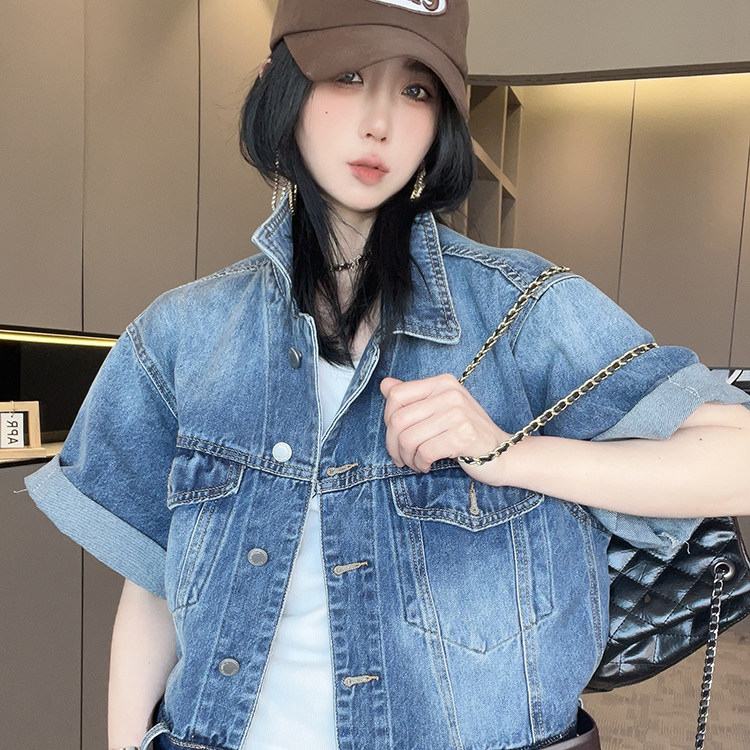 短袖牛仔外套女2026春季新款欧洲站时尚翻领单排扣牛仔服短款上衣