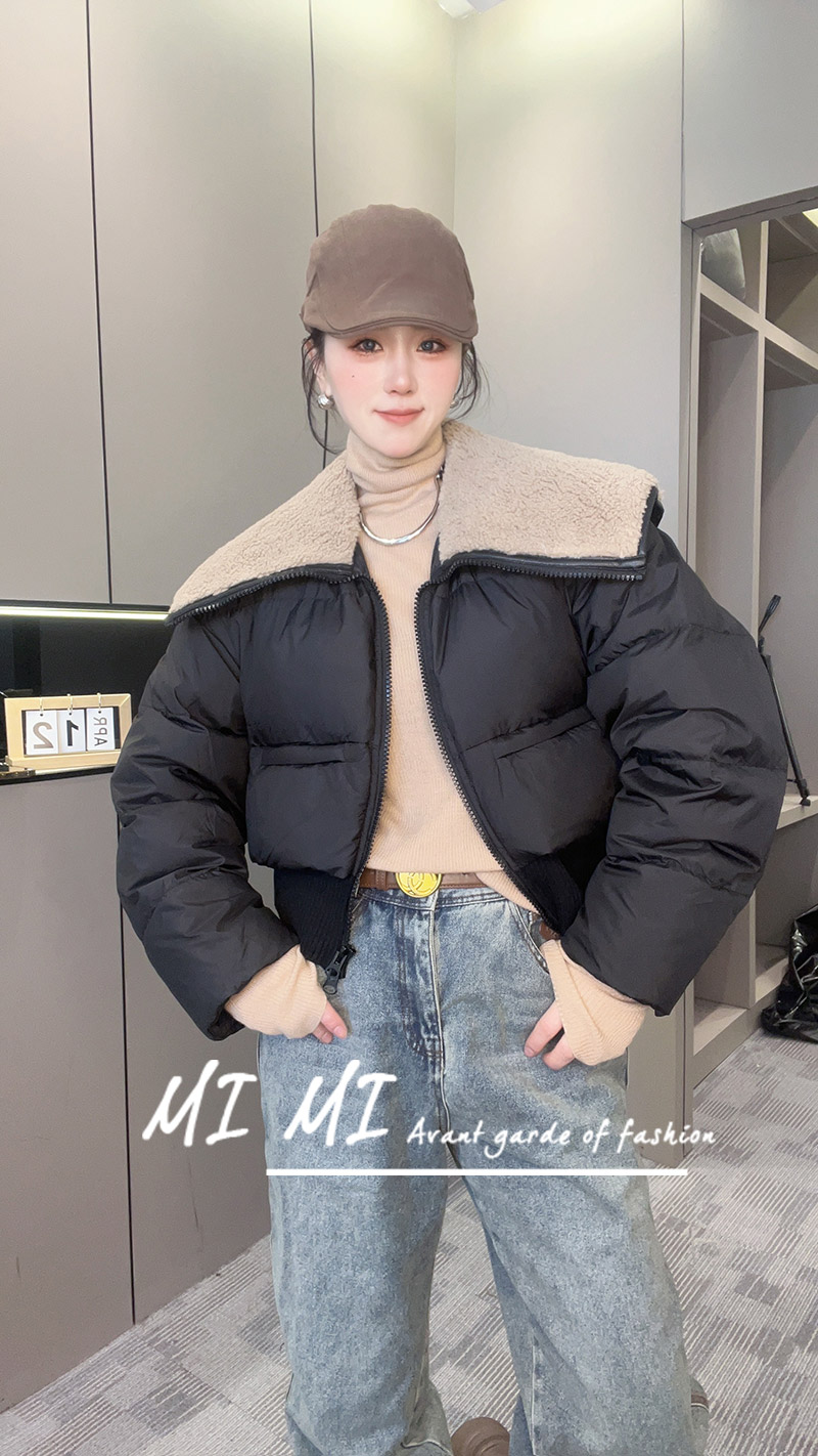 翻领长袖开衫外套纯色拉链羽绒服