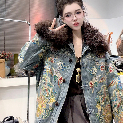 毛领牛仔羽绒服女2025冬季新款国风拼接重工刺绣保暖外套长袖上衣