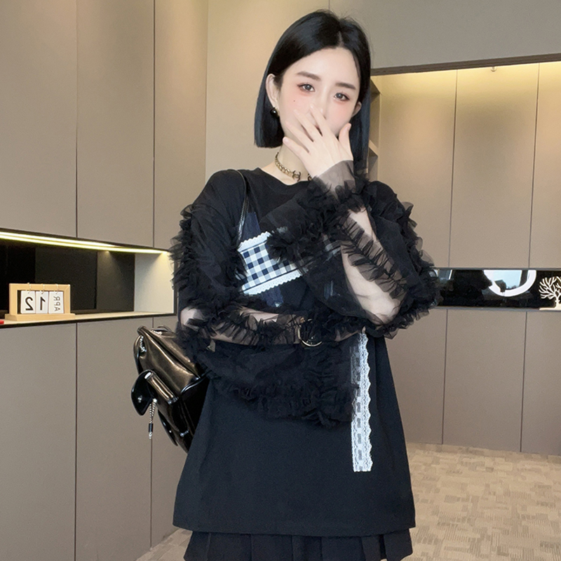 T恤女2025春季新款设计感网纱拼接打底衫中长款圆领套头宽松上衣