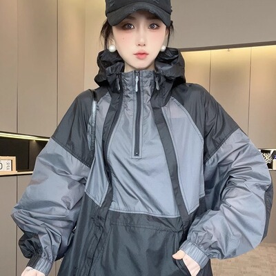 防晒外套女2025夏季新款中长款抽绳连帽防晒服拉链防晒衣长袖上衣