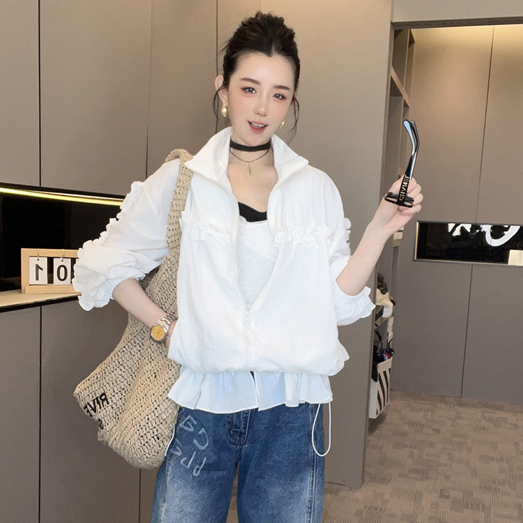 防晒外套女2026春季新款纯色木耳边拼接防晒衣荷叶边拉链长袖上衣