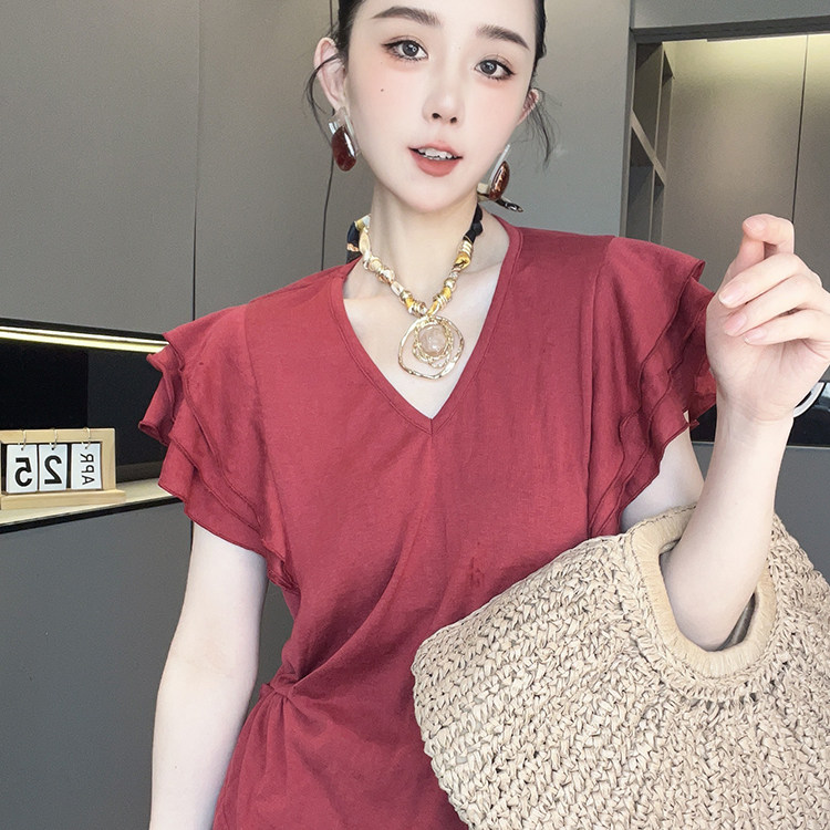 短袖T恤女2026夏季新款欧洲站纯色荷叶边半袖打底衫V领套头上衣