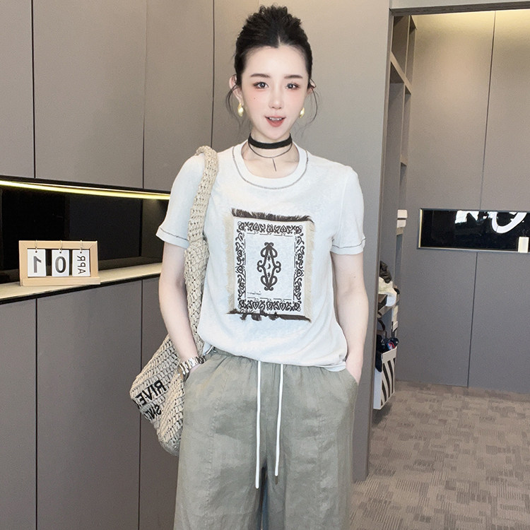 短袖T恤女2026春季新款时尚撞色拼接重工刺绣流苏打底衫圆领上衣