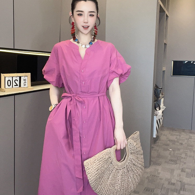 短袖连衣裙女2026夏季新款时尚纯色系带收腰长裙单排扣花苞袖裙子