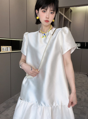 RR fashion 短袖连衣裙女2024夏季新款纯色简约网纱拼接圆领裙子