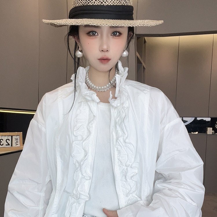 外套女2026春季新款欧洲站宽松纯色拼接木耳边拉链立领长袖上衣