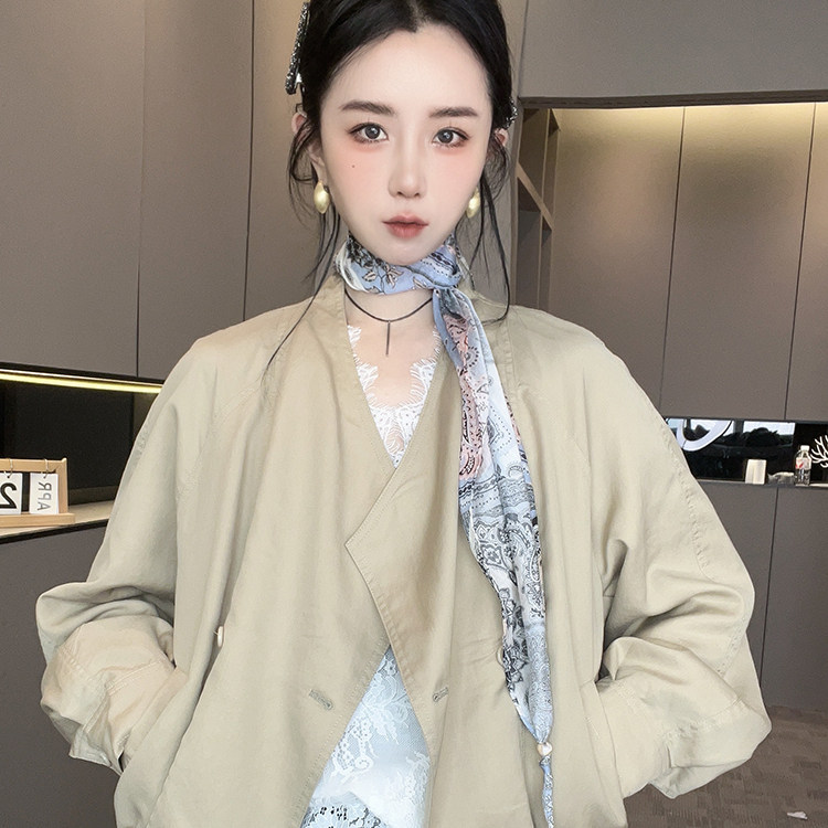 丝巾风衣女2026春季新款欧洲站时尚百搭中长款外套纯色长袖上衣