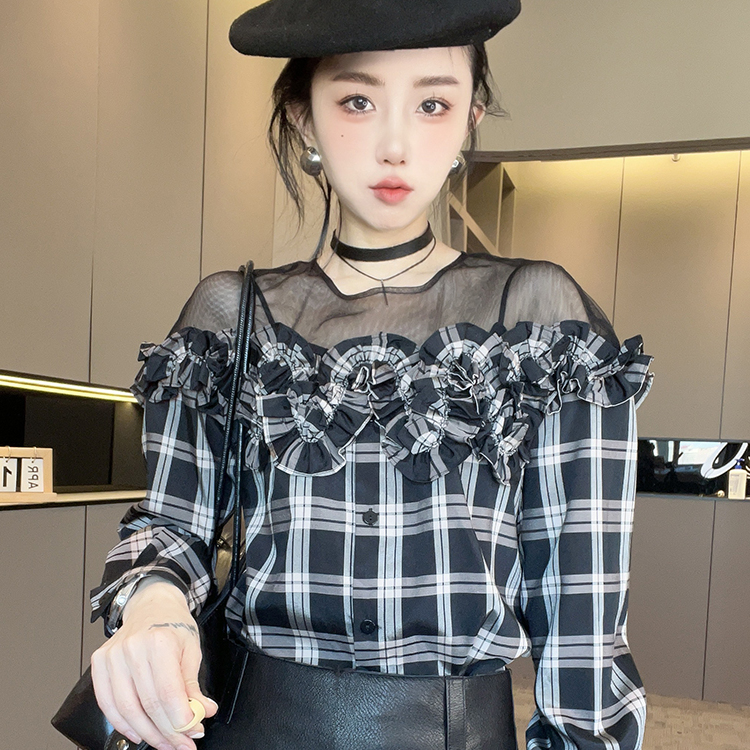 长袖格子衬衫女2025秋季新款欧洲站拼接木耳边圆领衬衣单排扣上衣