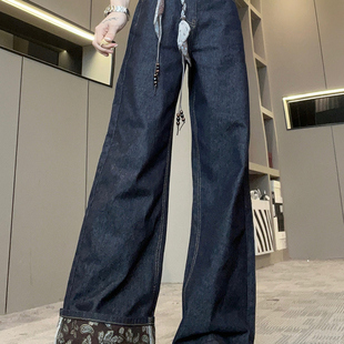 女2025秋季 宽松裤 新款 丝巾腰绳高腰长裤 子 欧洲站纯色休闲裤 牛仔裤