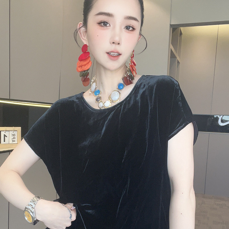 短袖丝绒T恤女2026夏季新款欧洲站纯色网纱拼接下摆半袖圆领上衣