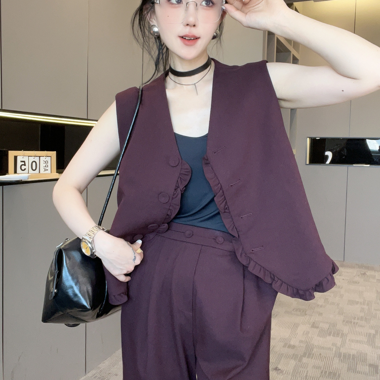 木耳边无袖上衣阔腿裤套装女2025秋季新款盐系轻熟两件套