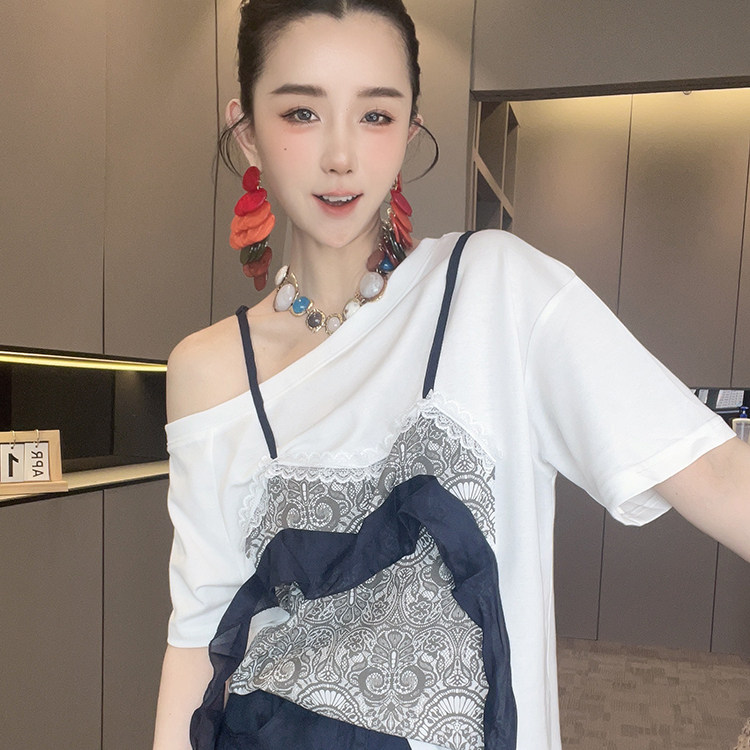短袖T恤女2026夏季新款欧洲站印花拼接假两件斜领露肩半袖上衣