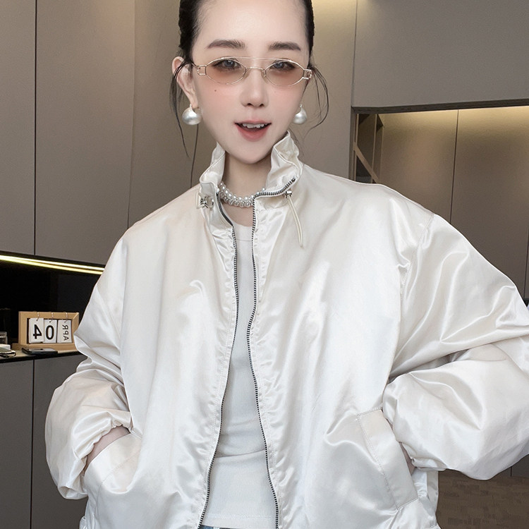 外套女2026春季新款欧洲站蕾丝钩花拼接立领宽松纯色拉链长袖上衣