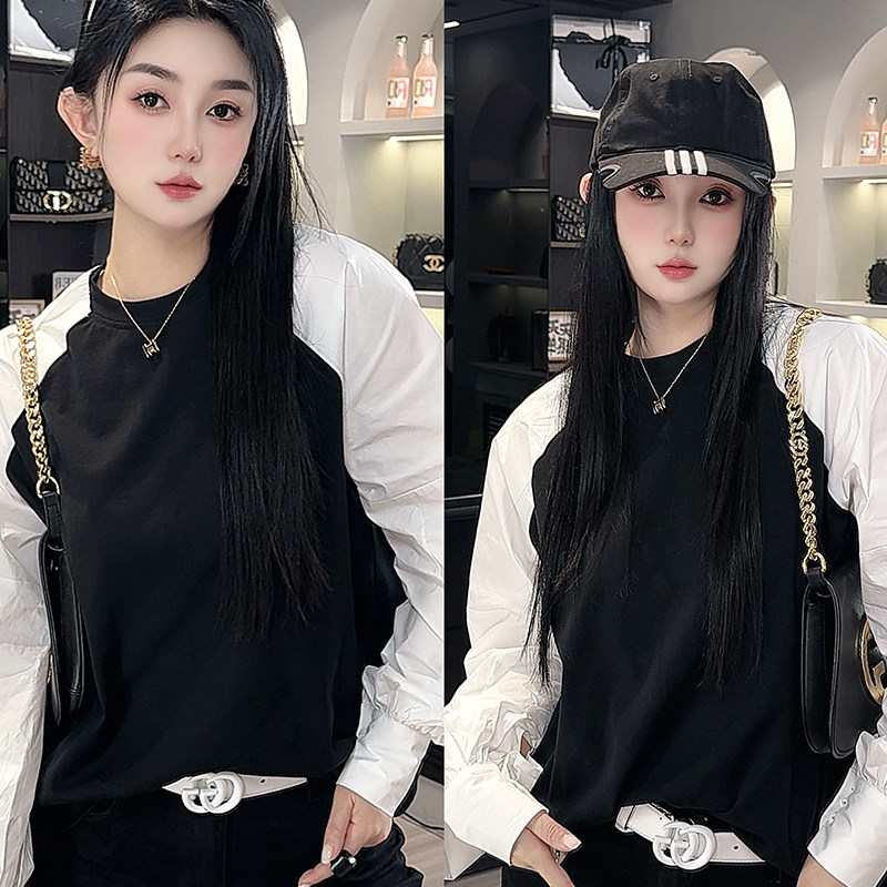 拼色打底衫上衣2026春季新款女装欧洲站拼接衬衫泡泡袖T恤小衫女