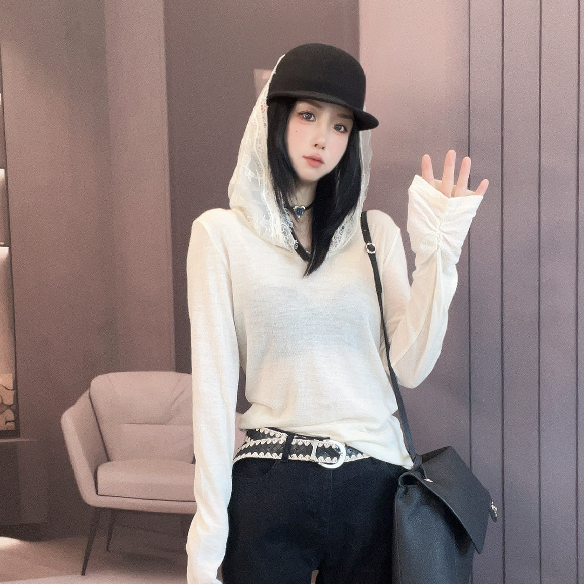 长袖T恤女2026秋季新款纯色蕾丝拼接连帽打底衫显瘦帽衫百搭上衣