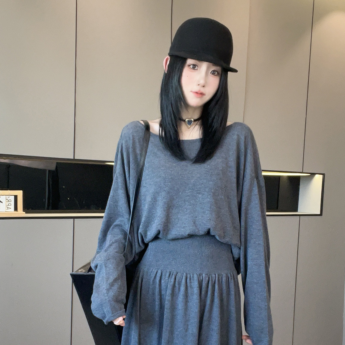 露背长袖上衣高腰半身裙长裙桑蚕丝毛织套装两件套女2026秋季新款