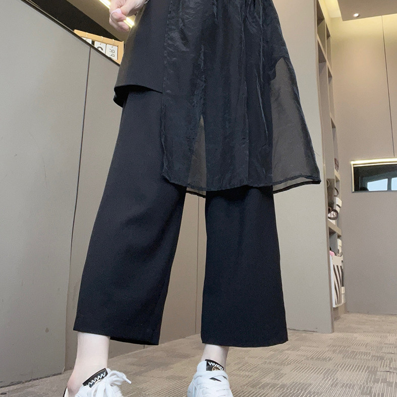 裤裙女2026春季新款纯色网纱拼接假两件阔腿裤宽松休闲裤百搭裤子