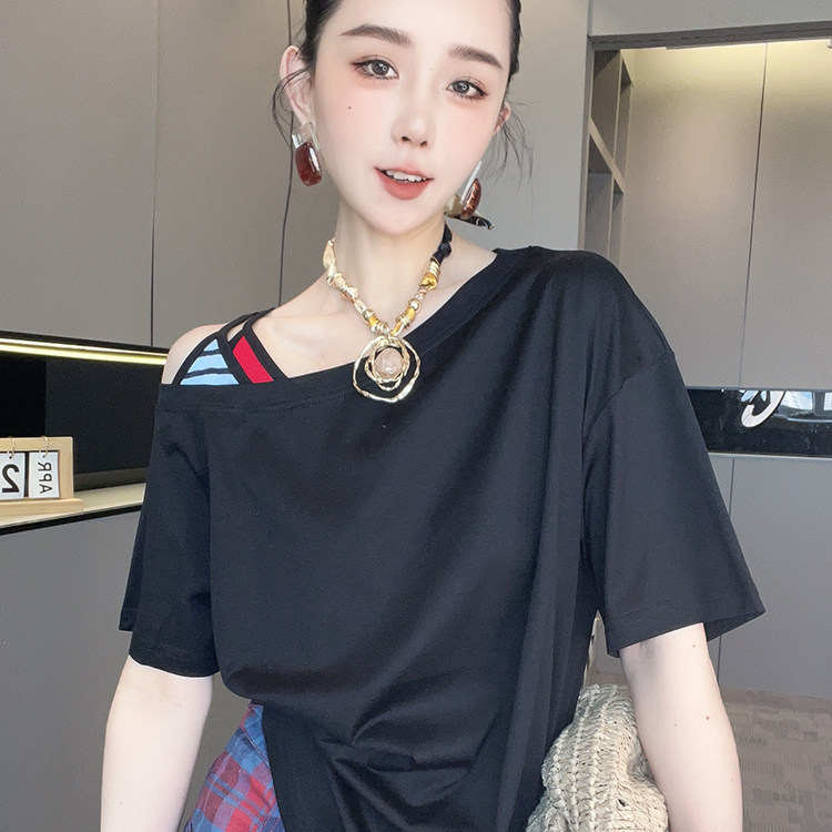 短袖T恤女2026夏季新款欧洲站设计感纯色露肩半袖打底衫套头上衣