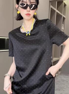 RR fashion 短袖连衣裙女2024夏季新款纯色重工亮钻拼接圆领裙子