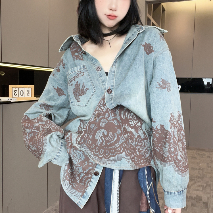 蕾丝拼接牛仔外套女2025早秋新款假两件衬衫外套大口袋翻领上衣