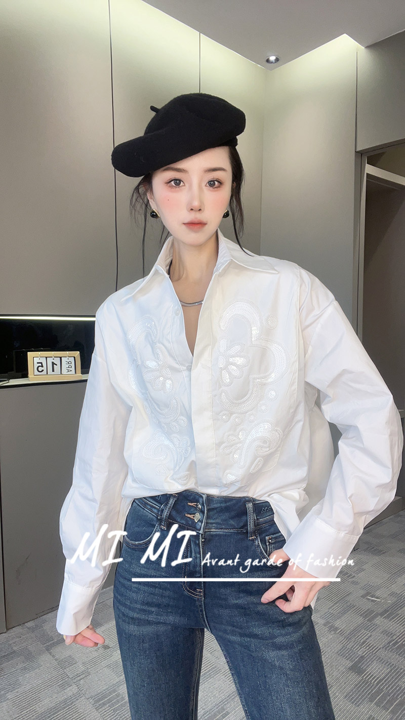 国风提花中长款衬衫女2023冬季新款欧洲站设计感POLO领长袖小衫