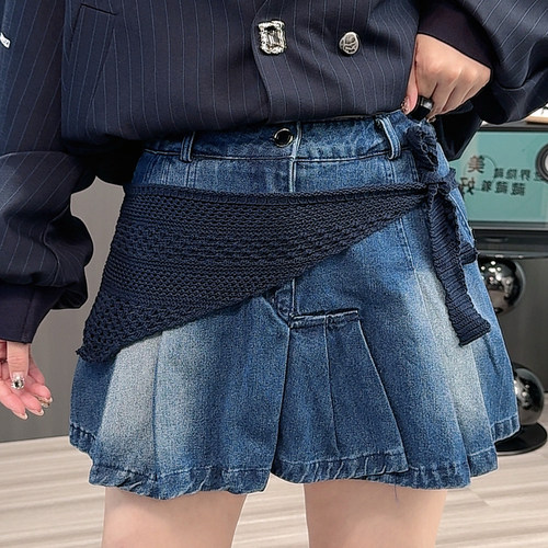 牛仔短裙女2025秋季新款珠串腰封高腰半身裙显瘦A字裙百搭裙子