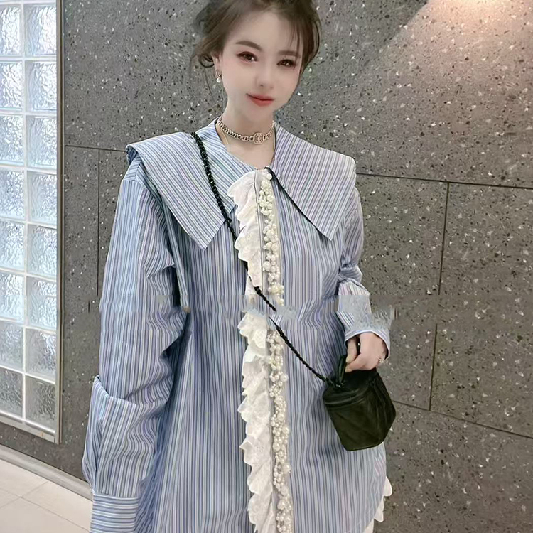 条纹衬衫女2025春季新款欧洲站女装设计感重工钉珠花边长袖上衣