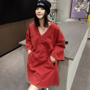 V领长袖 欧洲站设计感宽松百搭纯色中长款 上衣 新款 卫衣女2025秋季
