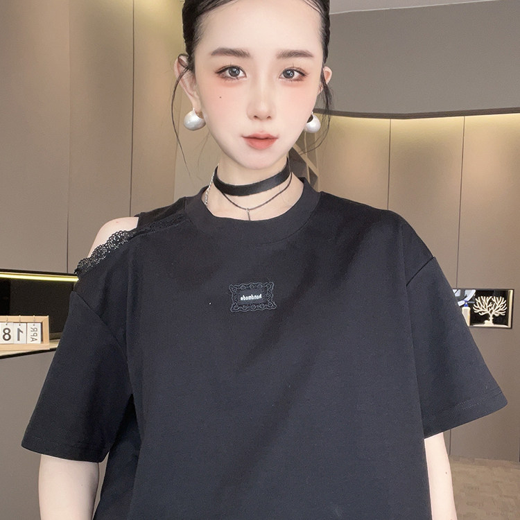 短袖T恤女2026春季新款欧洲站设计感蕾丝拼接露肩圆领半袖上衣