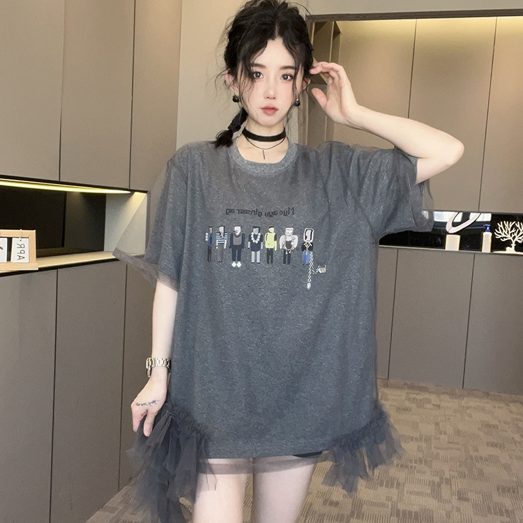 短袖T恤女2026春季新款撞色拼接卡通人物字母印花网纱荷叶边上衣