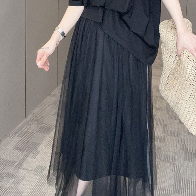 侧条纹半身裙女2026夏季新款欧洲站设计感网纱拼接长裙高腰裙子