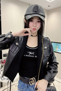 显瘦短款 修身 拼针织边纯皮皮衣女 新款 大口袋真皮夹克外套2024秋季