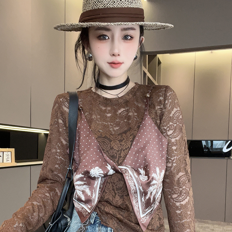 T恤女2025秋季新款设计感丝巾拼接假两件圆领蕾丝衫长袖圆领上衣