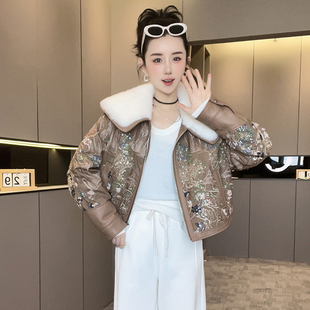 羊毛领拼皮鹅绒羽绒服女2024冬季新款重工亮片刺绣外套长袖上衣