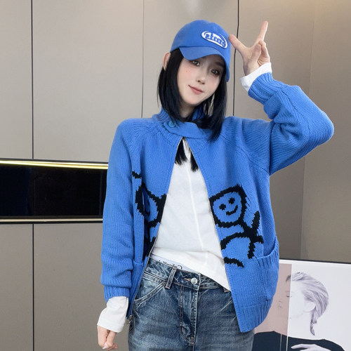 毛衣外套女2026秋季新款欧洲站宽松撞色拼接卡通涂鸦长袖针织上衣