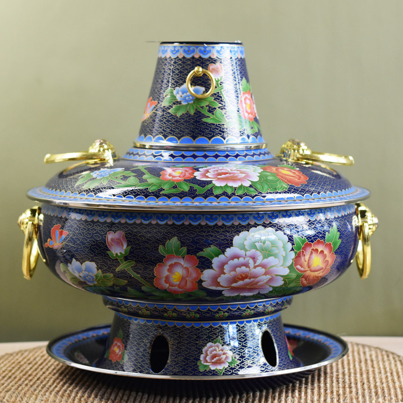 珐琅景泰蓝铜锅珐琅彩火锅搪瓷铜锅加厚紫铜碳锅鼓式大容量纯铜锅