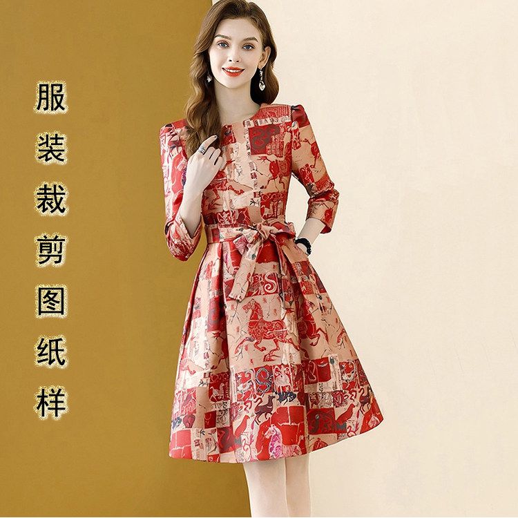 2026春季新款七分袖连衣裙纸样女装收腰显瘦大摆裙服装裁剪图样板